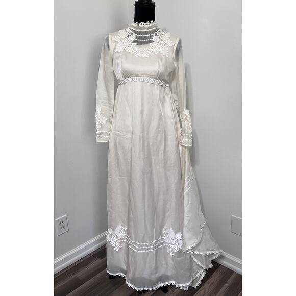 VTG 1970s Wedding Dress Empire Waist Sz Small High Neck Boho Ivory Hippie - Picture 5 of 16